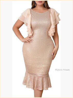 Sequins Plus Size Midi Dress Bodycon Mermaid Hem Ruffle Sleeve Prom Dress